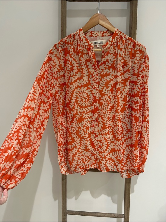 Diane Von Furstenberg Tops - Diane Von Furstenberg Bristol Orange Leaf Print Sheer Balloon Sleeve Top Size S